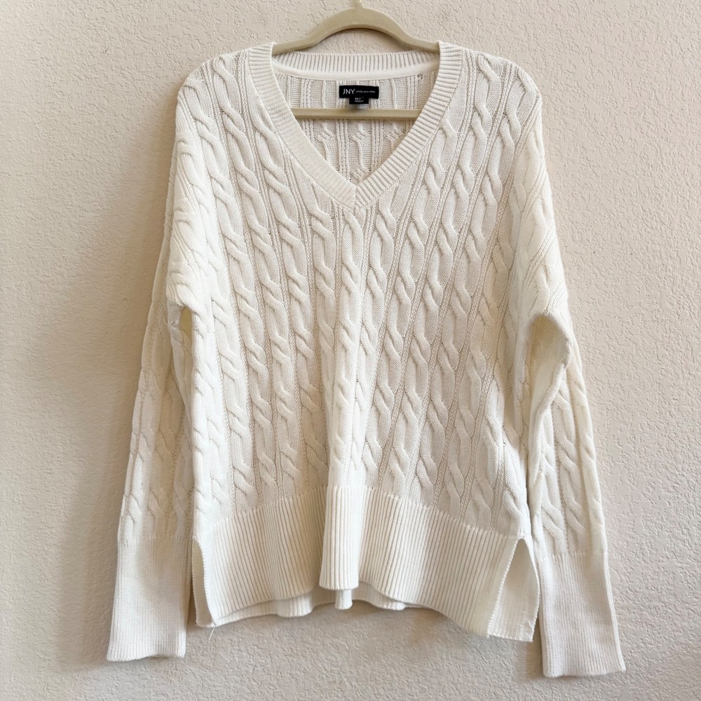 Jones New York Cable Knit V-Neck Sweater Sz L Relaxed Preppy Academia Old Money